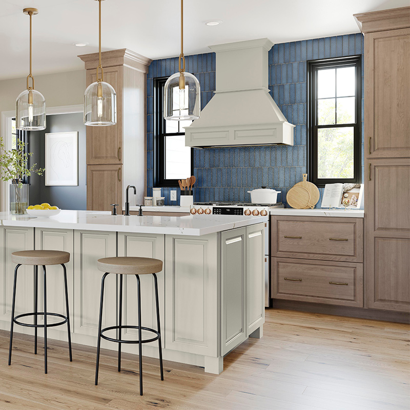 contemporary kitchen with blue tile backsplash