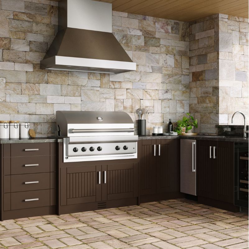 outdoor kitchen with stove, vent and sink, brown cabinets