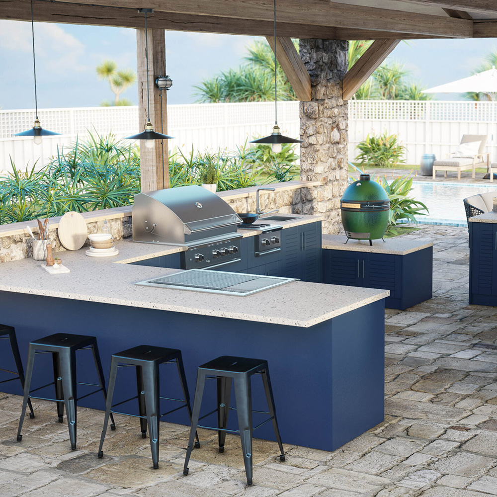 Outdoor kitchen with barbecue and stools