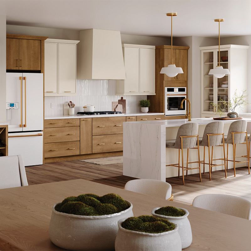 Contemporary kitchen with marble waterfall countertop