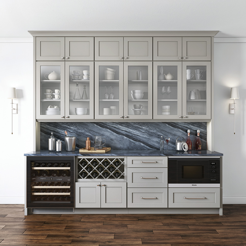 kitchen bar area with fridge